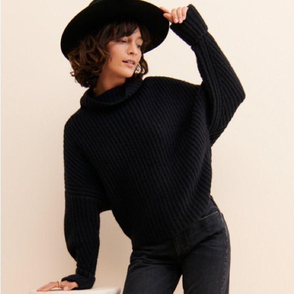 Anthropologie Maeve Athena Cowl Neck Sweater Black Knit Wool Blend